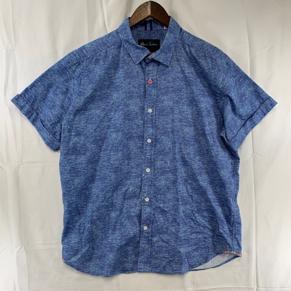 Robert Graham Button Up Shirt Mens XL Blue Heathered Short Sleeve Tailored Fit *